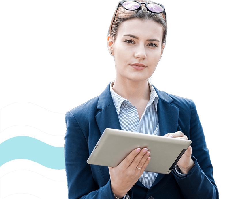 confident businesswoman holding a digital tablet